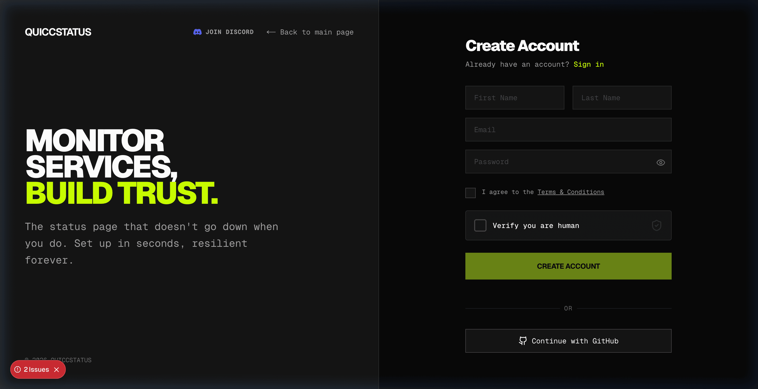 QUICCSTATUS login page with registration form