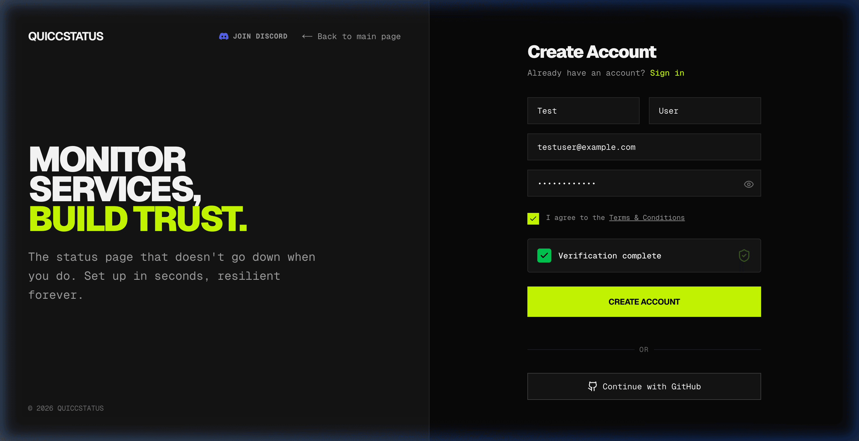 Registration form filled with user details and verification complete