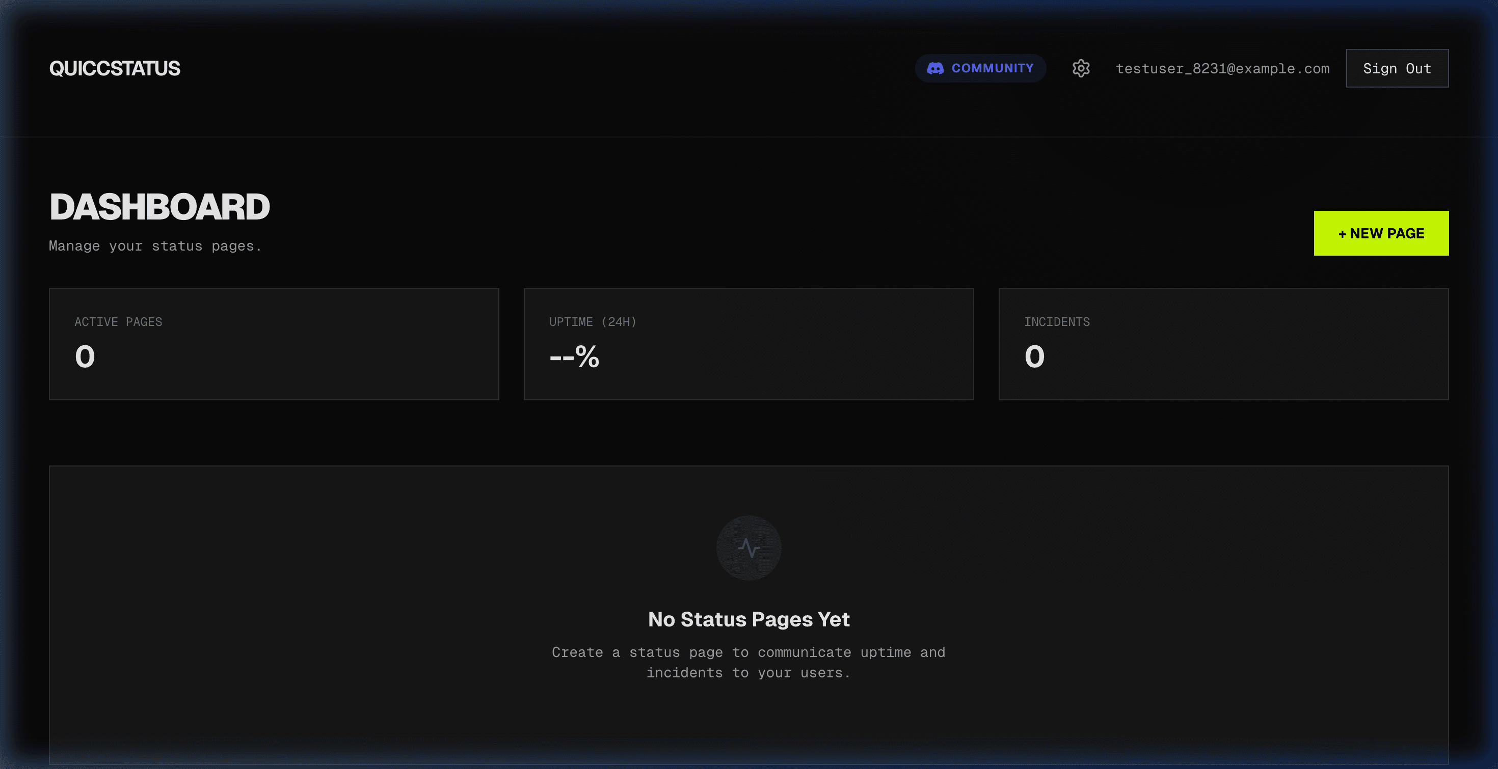 Empty dashboard showing no status pages yet