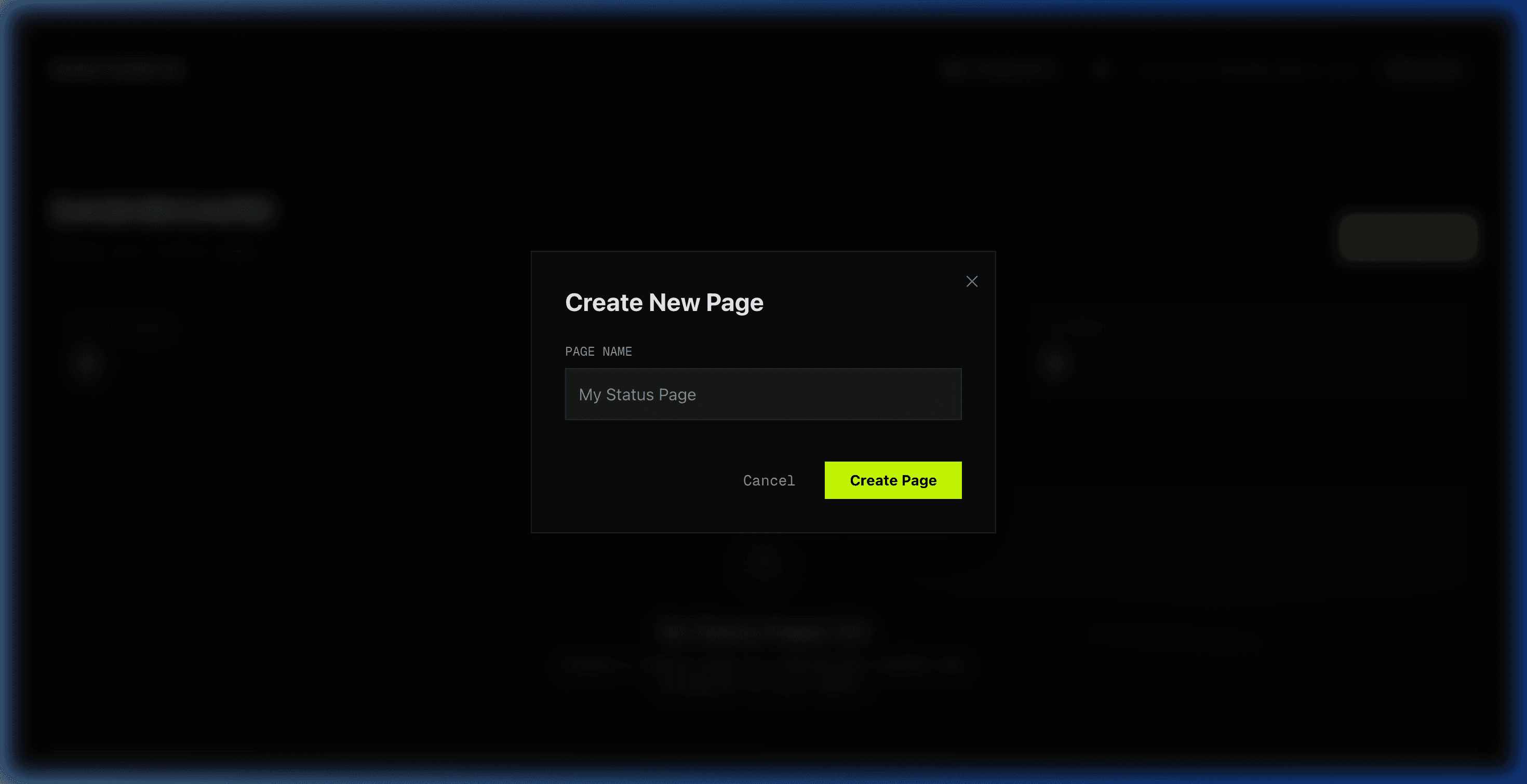 Create New Page modal with page name input field