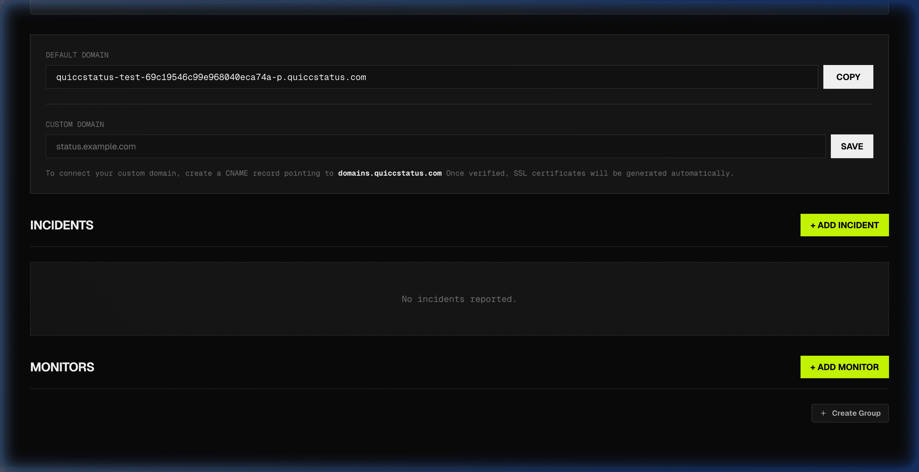 Status page detail view showing domain settings, incidents, and monitors sections