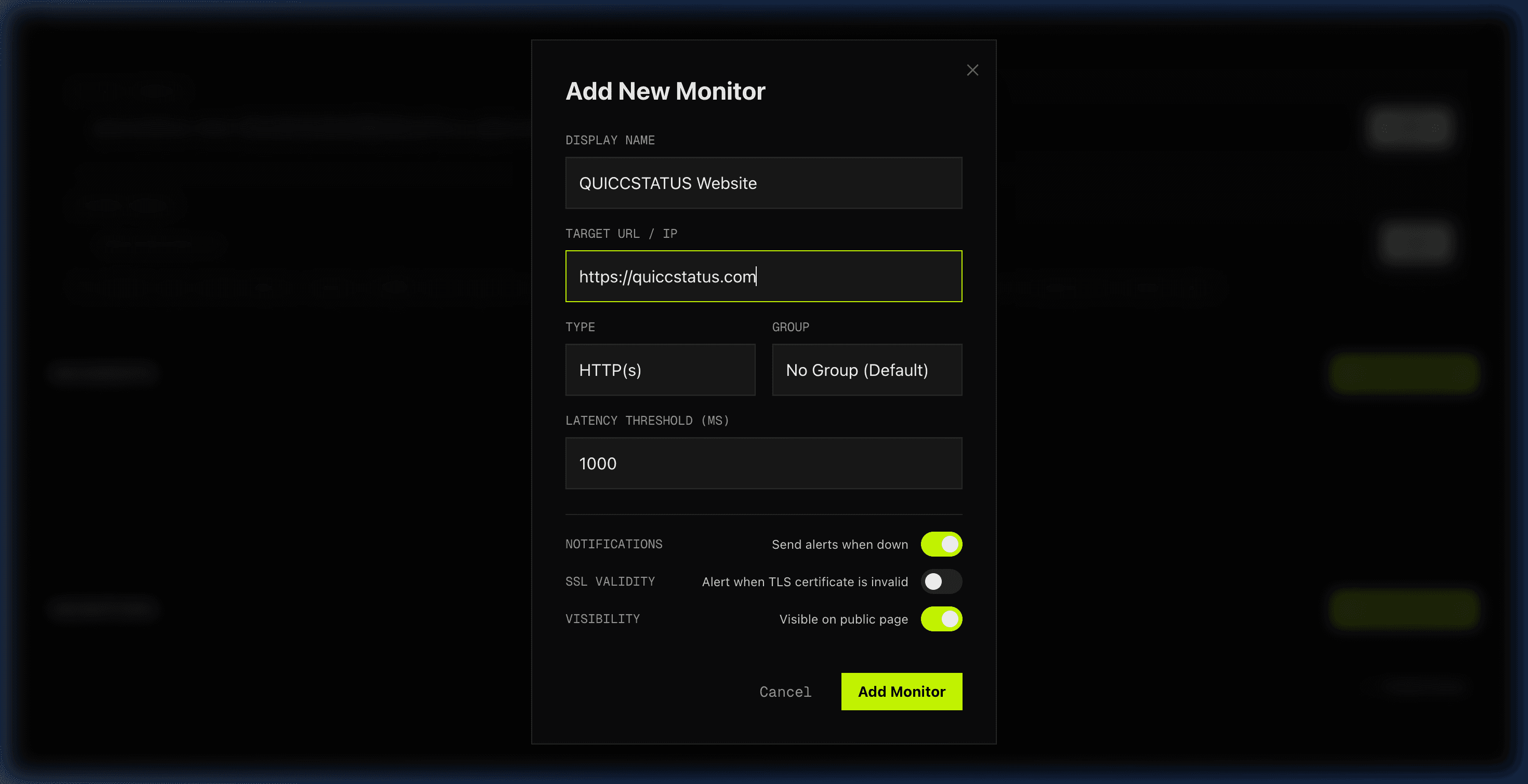 Add New Monitor form filled with QUICCSTATUS Website monitor targeting quiccstatus.com