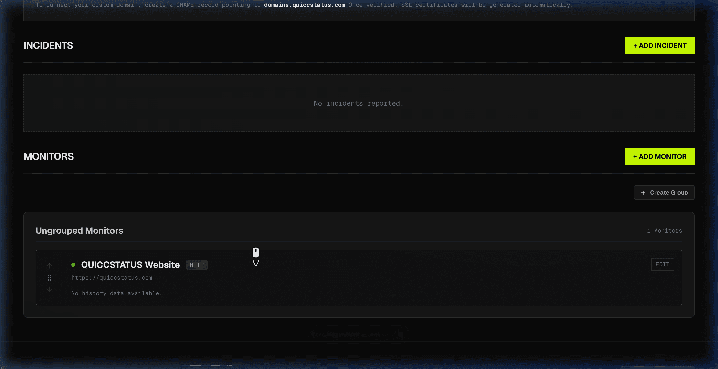 Dashboard showing the newly added QUICCSTATUS Website monitor with active status